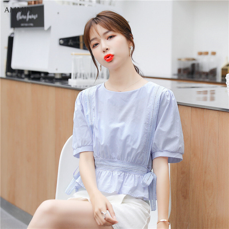 AMMIN 2023 new Korean style short-sleeved lace-up waist tie bowknot short style chiffon shirt sweet and elegant puff sleeve blouse women top
