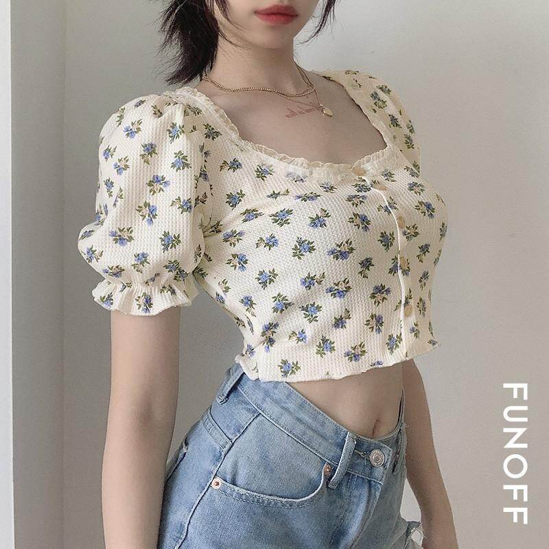 Women Retro Floral Short T-shirt Square Collar Puff Sleeve Top