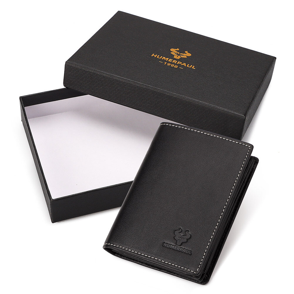 Humerpaul men wallet slim wallet card holder cow leather double fold large capacity multi card position bp719