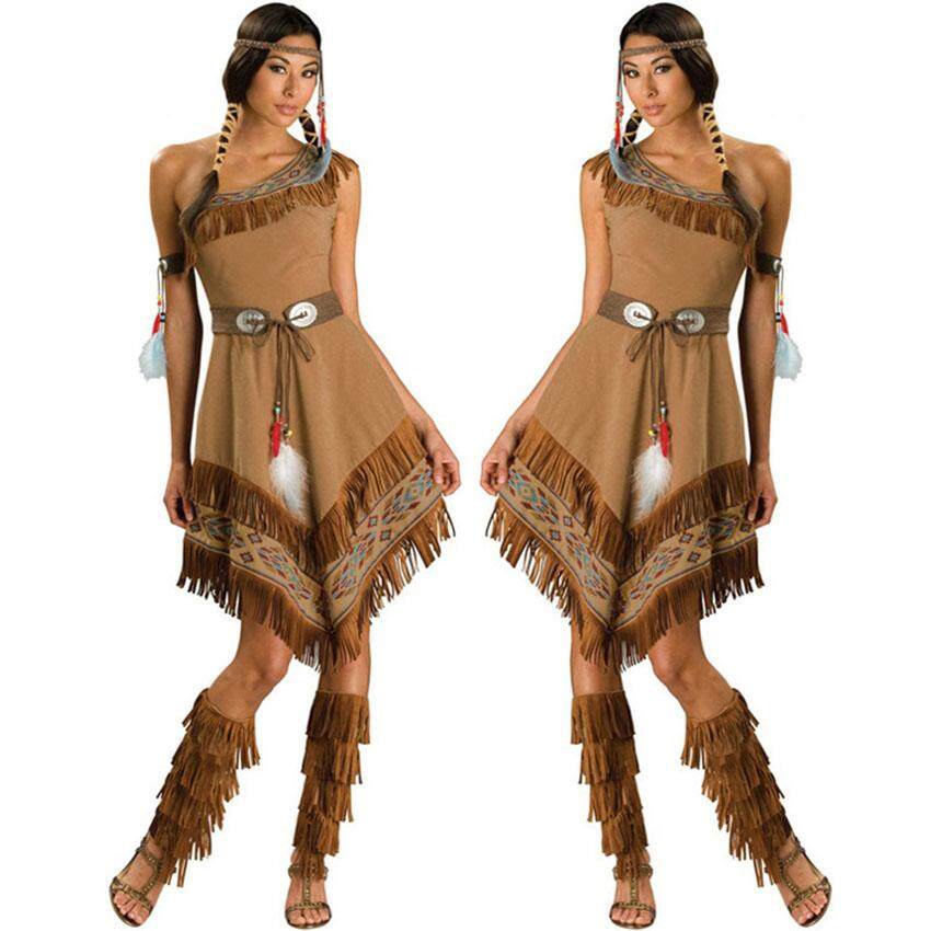 Halloween Primitive Indian Princess Costume Fringed Leather Native Savage Cosplay Warrior Women Stage Costume Whole Set