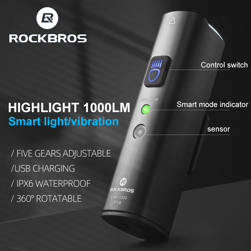 ROCKBROS Aluminum shell Bike light 1000LM Smart Light USB Rechargeable LED Light High quality Flashlight Cycling Headlight Front Light Waterproof light