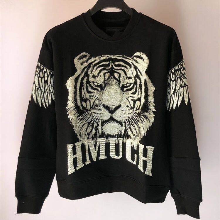 Yushu sweater Luxury Domineering Tiger Hot Drilling Hooded Sweatshirt Big Wings Mid-long Oversized Top Autumn Winter Streetwear Loose sweater