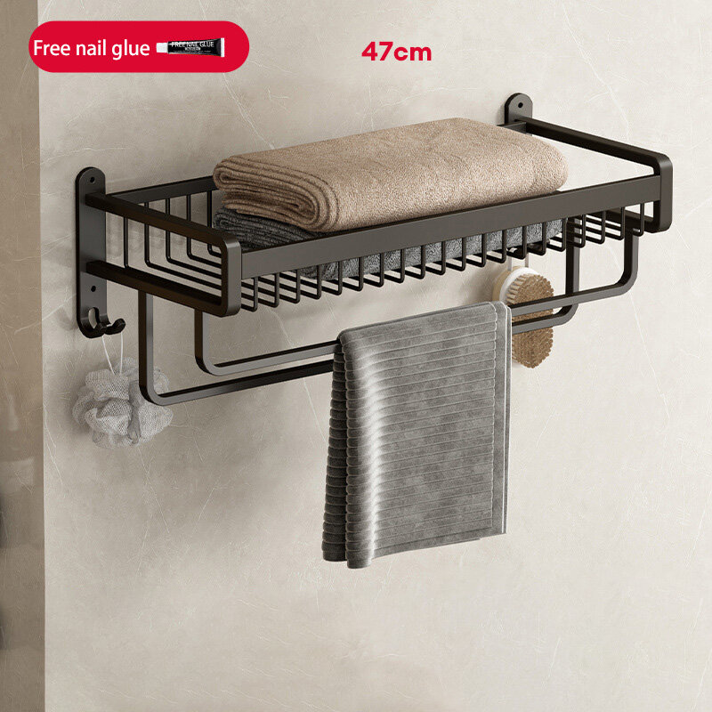 Bathroom towel rack, no punching, bathroom storage rack, wall mounted wall toilet, space aluminum storage, net basket, bath towel