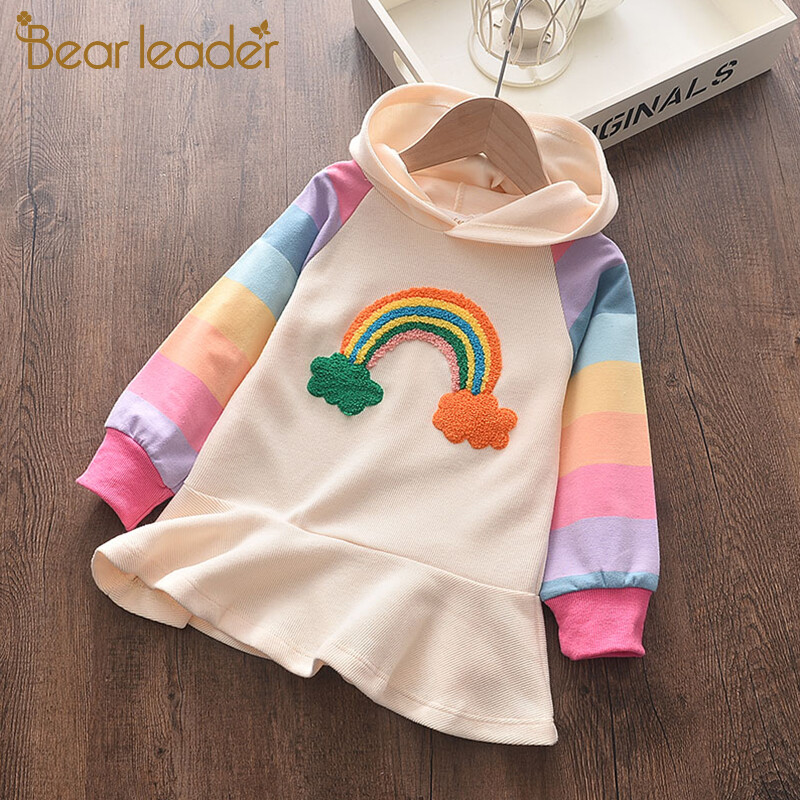 Bear Leader Girls Dress 2021 New Fashion Casual  Party Princess Dress Long Sleeve Knitted Rainbow Colorful Crew Neck Kids Girl Dresses Sweet Hooded Striped Pattern Ruffles Children Clothing For 2-6Y