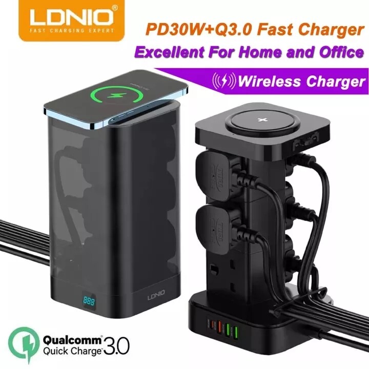 LDNIO Vertical Power Tower Extesnion Socket with Wireless Charger & USB ...