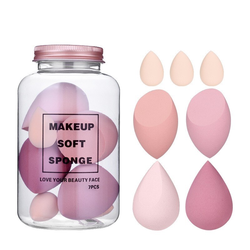 [LWF HOT]☞  7 Pcs Makeup Sponge Set/ Foundation Blending   Correcting Beauty Tools/ Beauty Eggs Set with Storage Can