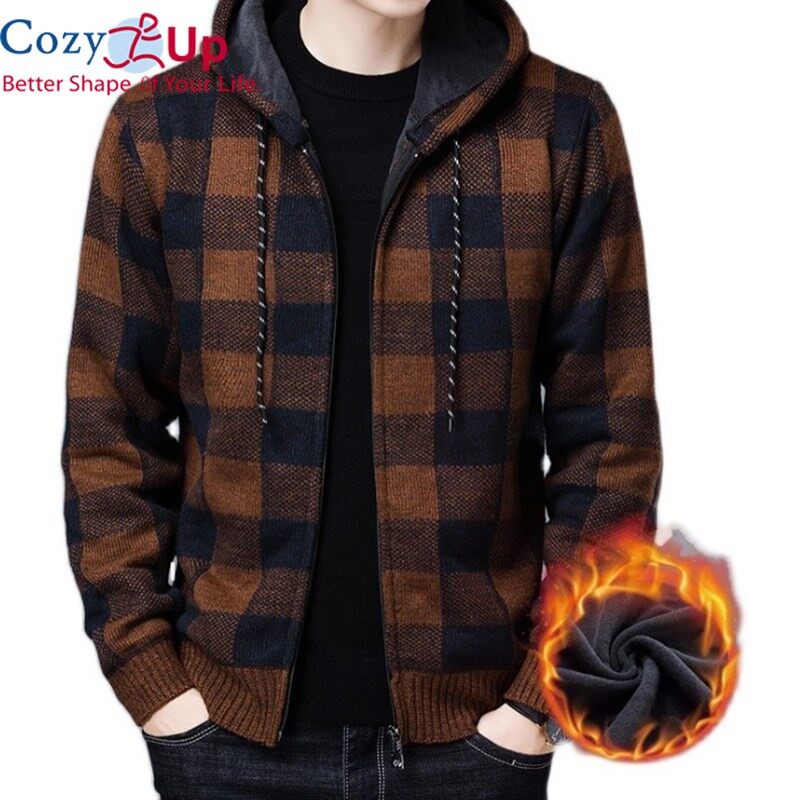 Cozy Up NEW Men's Sweater Coat Autumn Winter Thick Warm Hooded Plaid Wool Sweater Cardigan Jumpers Zipper Fleece Coat Men