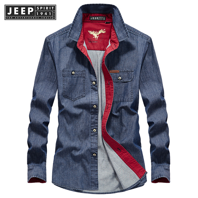 Jeep spirit 1941 estd fashionable oversized denim long sleeved shirt top for men's business casual denim shirt