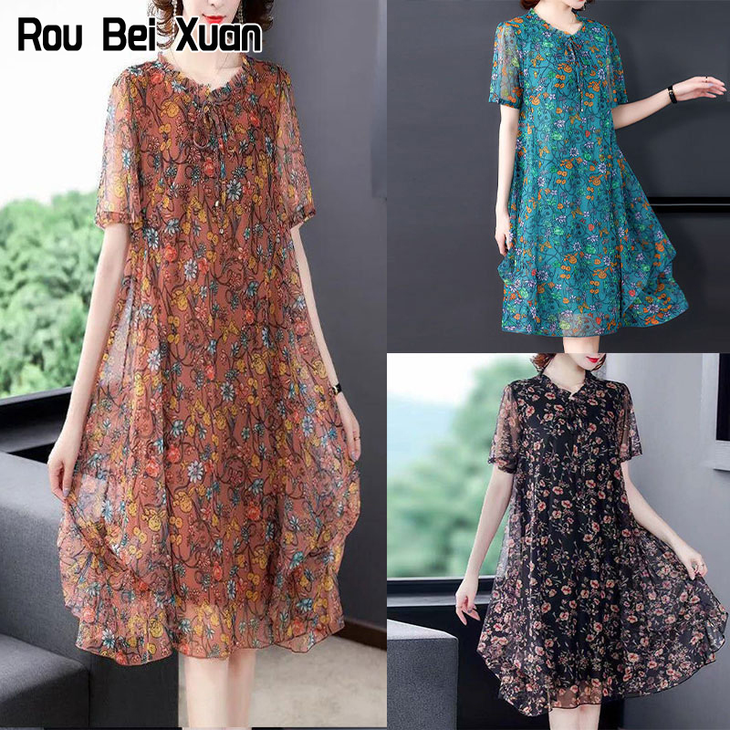 Ruo Bei Xuan กระโปรงลายดอกไม้,เดรสคุณแม่คอกลมแบบลำลองเรียบง่าย - Ruo ...