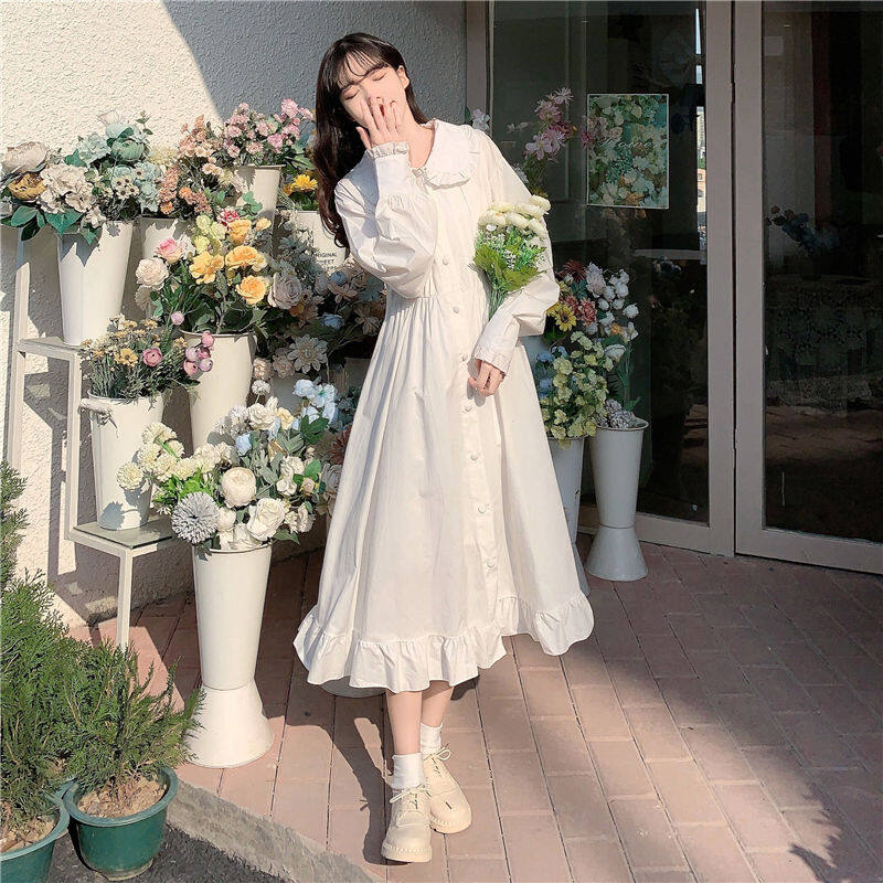 Women's French White Elegant Dress Academy Doll Collar Ruffle Little Fairy Long Skirt