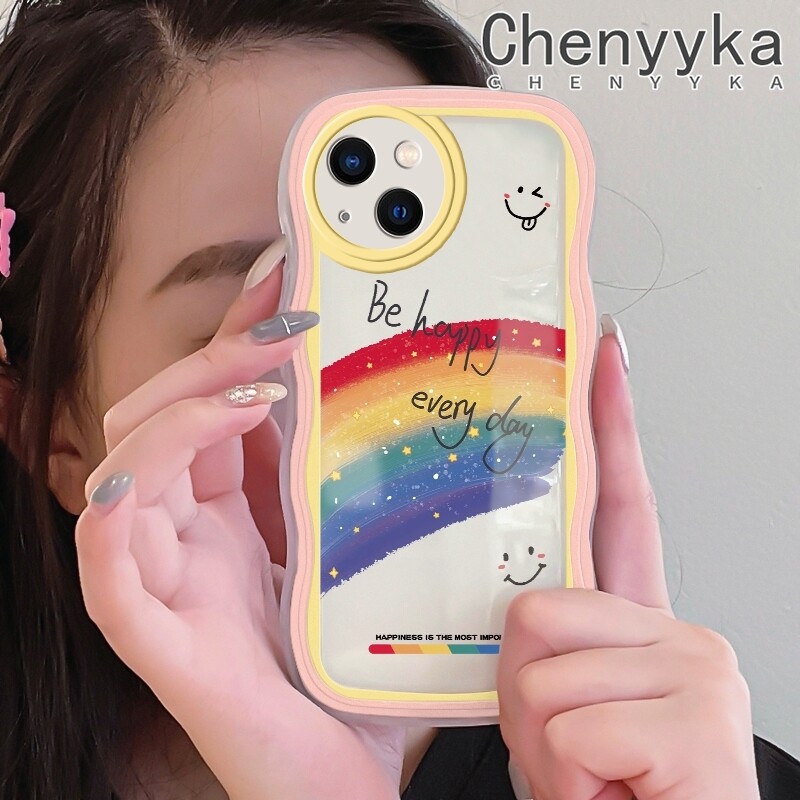 Chenyyka Casing For iPhone 14 Pro Max 14 PLUS 13 Pro Max 13 Mini Case Cartoon Rainbow Smile Pattern Wave Border Soft Clear Shockproof Phone Cases Creative Camera Transparent Casing Silica Gel Protective Cover