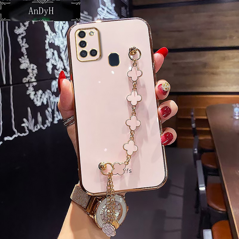 AnDyH Ốp Điện Thoại Mạ Cạnh Thẳng Cho Samsung Galaxy A21S Ốp Bảo Vệ Máy Ảnh Chính Xác Ốp Phong Cách Cô Gái Dễ Thương Với Vòng Tay Cỏ Bốn Lá