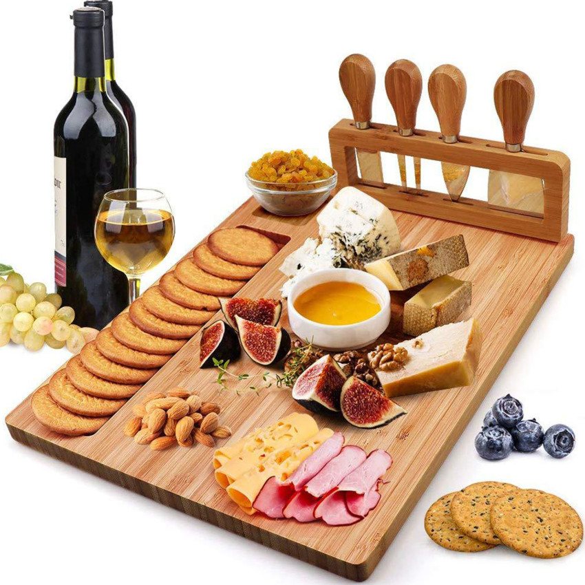 Bamboo Cheese Board Wood cheese board 1pcBamboo tableware cheese plate set western cutlery fork dessert fruit pizza plate multifunctional plate