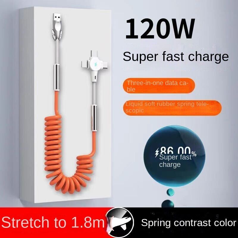 120W sạc siêu nhanh 3-in-1 mùa xuân Cáp dữ liệu tùy chỉnh cho Apple Huawei Xiaomi cáp sạc xe hơi