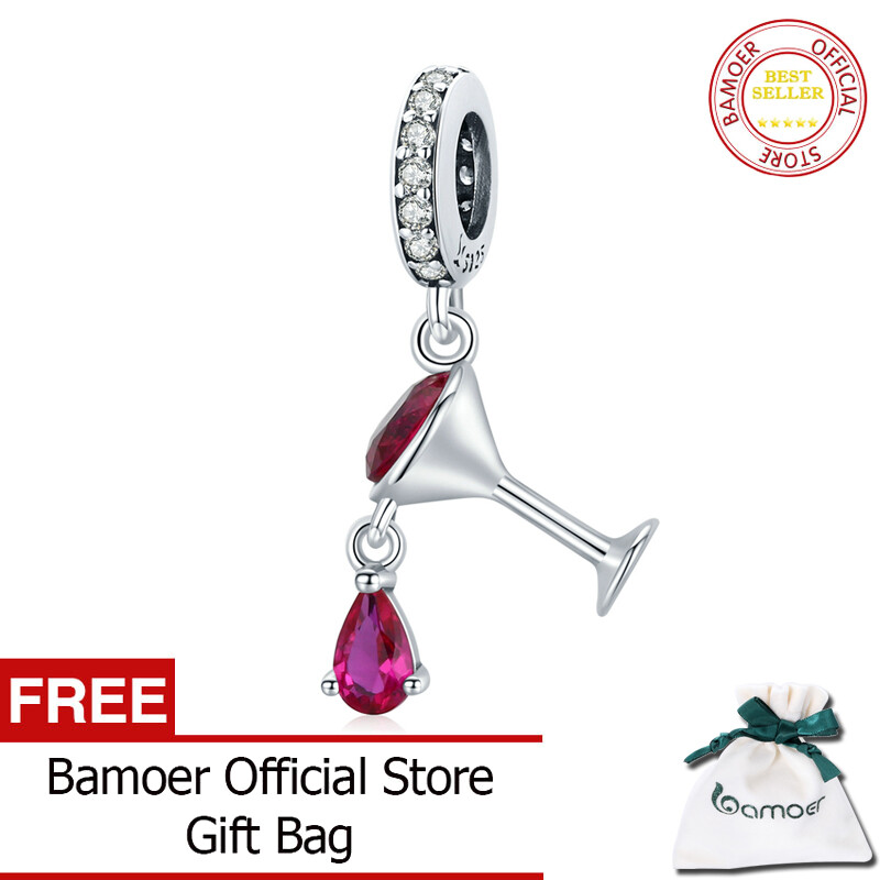 BAMOER Dangling Goblet Pendant 925 Sterling Silver Red Zircon & Glass Charms for Original Bracelet Women Accessories SCC1997