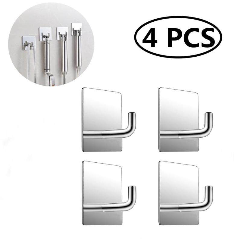 4 Pcs Stainless Steel Rectangle Mirror Strong Adhesive Wall Hook Seamless Stick Hook Kitchen Wall Hanger(Bright Light)