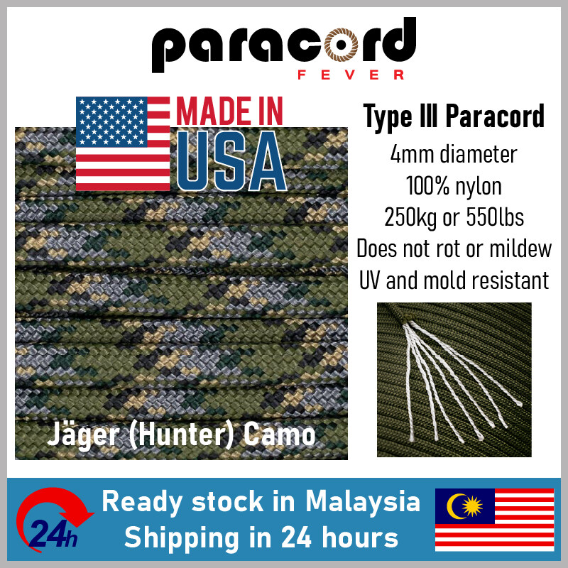 Made in USA - 3mm Type II 425 Tali Paracord Rope Parachute Cord - Black