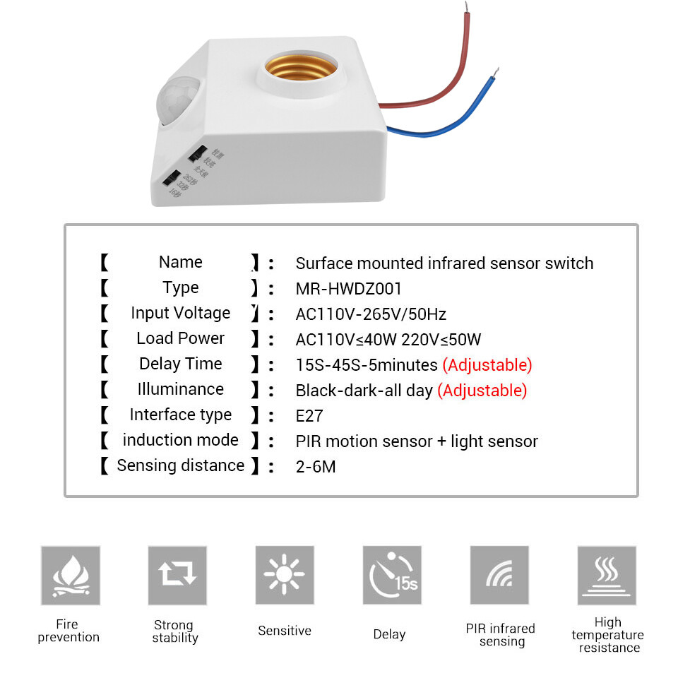 E27 Body Motion Sensor Automatic Lamp Holder Light Base Infrared Switch Holder AC 110V 220V