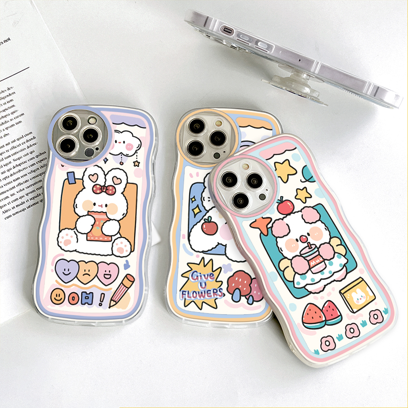 (With Free Holder) Jizetin Phone Casing For Xiaomi Redmi Note 10 Note 10S Note 10 Pro Note 10 5G Note 9 Note 8 Fashion Soft Wavy Case Cute Pig Duck Bear Rabbit Cartoon Shockproof Cellphone Casing Full Cover Camera Protection
