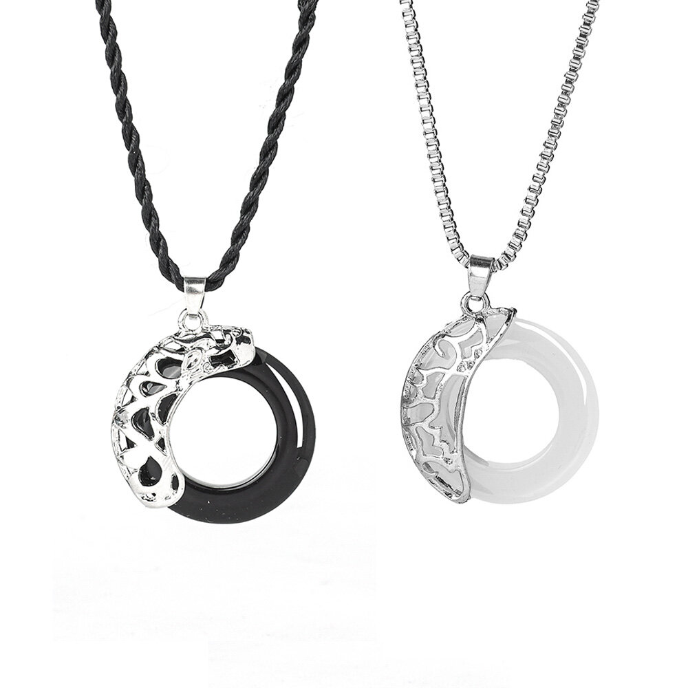 Black and White Resin Round Pendant Couple Necklace Dragon and Phoenix Carved Pendant  Jewelry Valentine's Day Gift