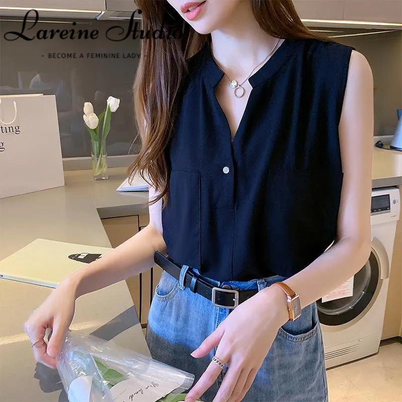 LAREINE Áo Nữ Phong Cách Thường Ngày Mới 2022 Áo Ba Lỗ Cổ Chữ V Không Tay
