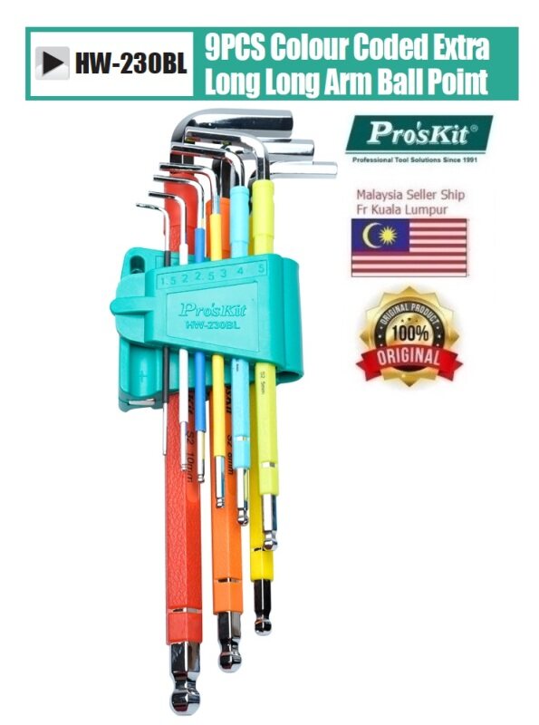 ProsKit HW-230BL 9pcs Colour Coded Extra Long Arm Ball Point Hex Key Set 1.5-10mm (NEW & ORI PROSKIT)