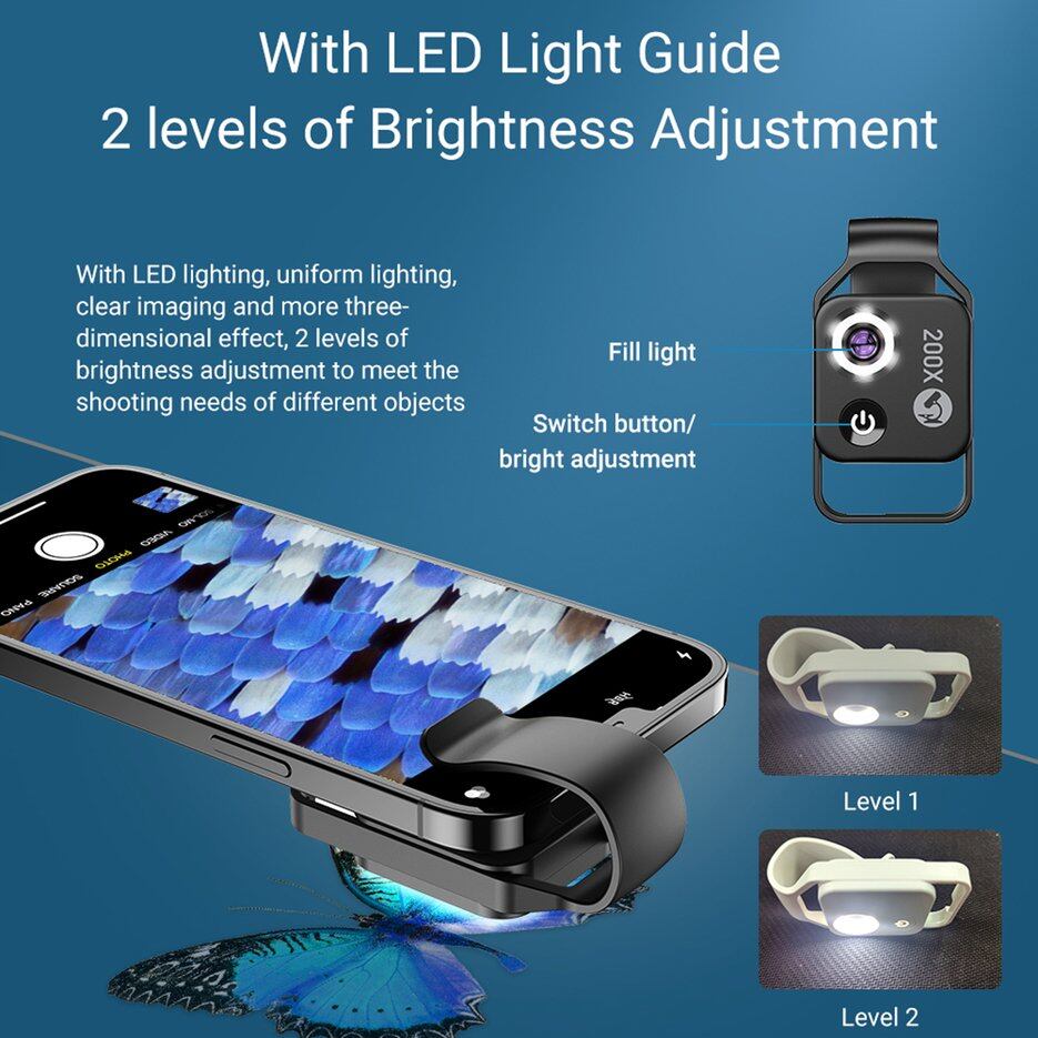 E-ERA Kính Hiển Vi Phóng Đại 200X Với Đèn LED Di Động Ống Kính Siêu Nhỏ Cho Điện Thoại