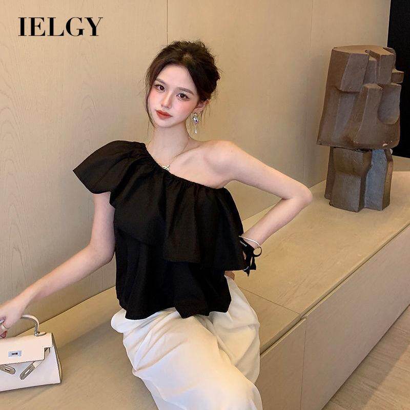 IELGY shirt women slanted shoulder design niche French black top