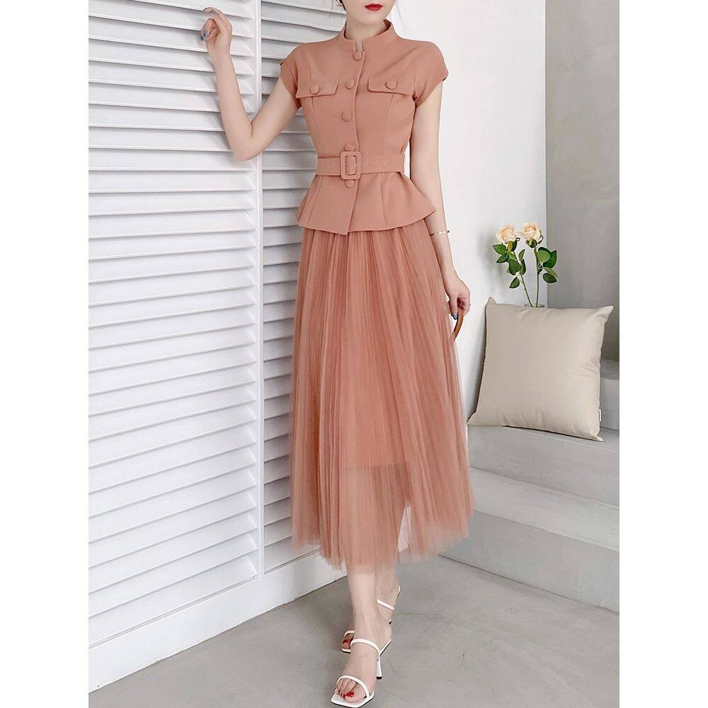 Design casual gauze skirt suit women's summer high-grade temperament bean paste powder sleeveless top two-piece skirt suit