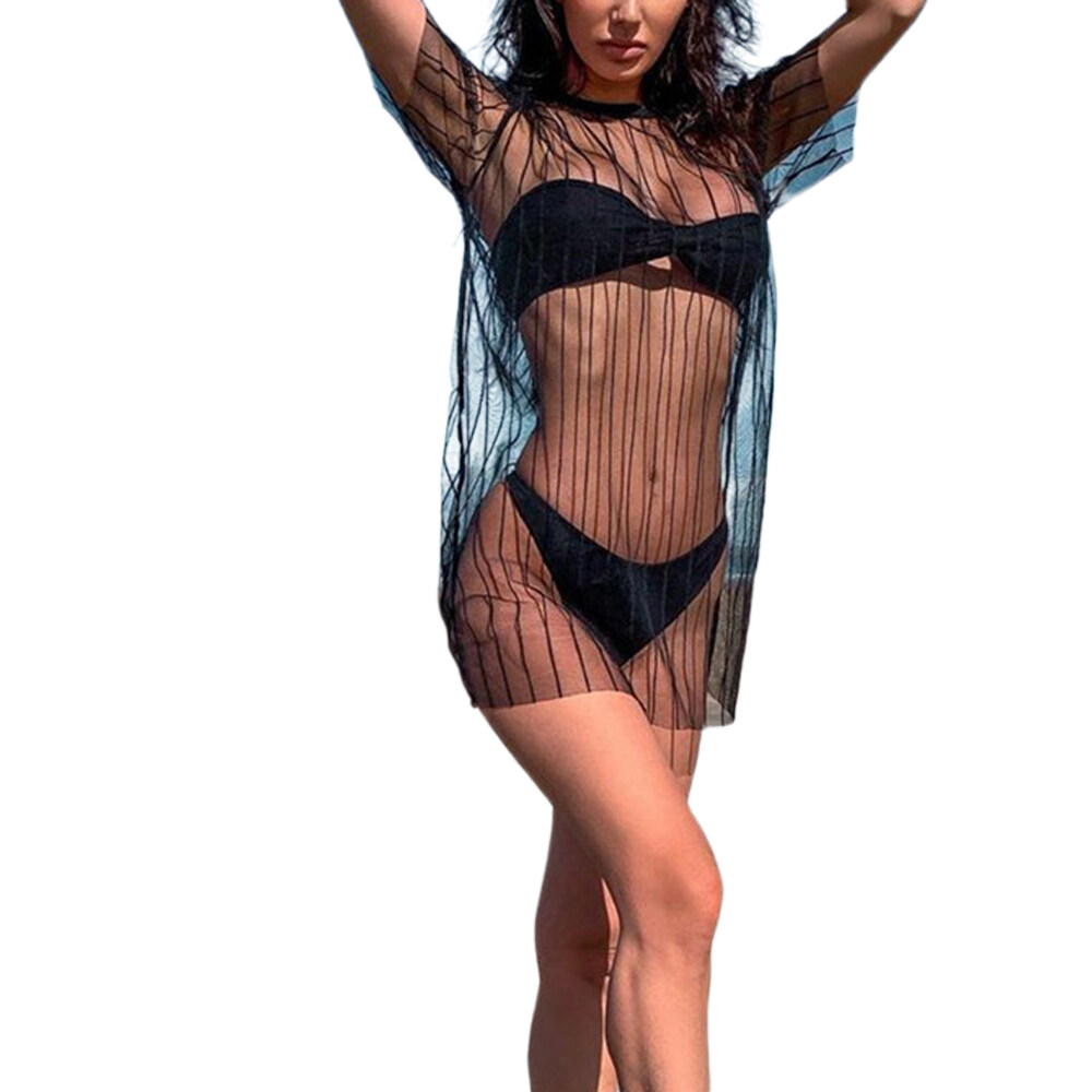 Happybuyner Damen-Bikini-Überzug aus Netzstoff, durchsichtig, Badebekleidung, langärmelig, einteiliges Strandkleid, Sommer-Clubwear_voghion.com