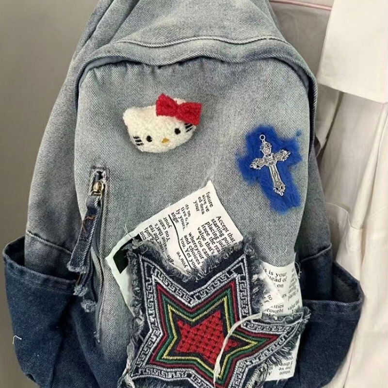 Deere Jack🌺🌺balo hàn quốc Ba lô đi học trẻ em hello kitty denim phối màu ba lô Hello ngọt ngào và dễ thương cặp đi học đa năng ba lô sinh viên đại học cặp đi học cấp 2ba lô học sinh cấp 3 balo nữ đi hoc balo to cặp sách học sinh nữ