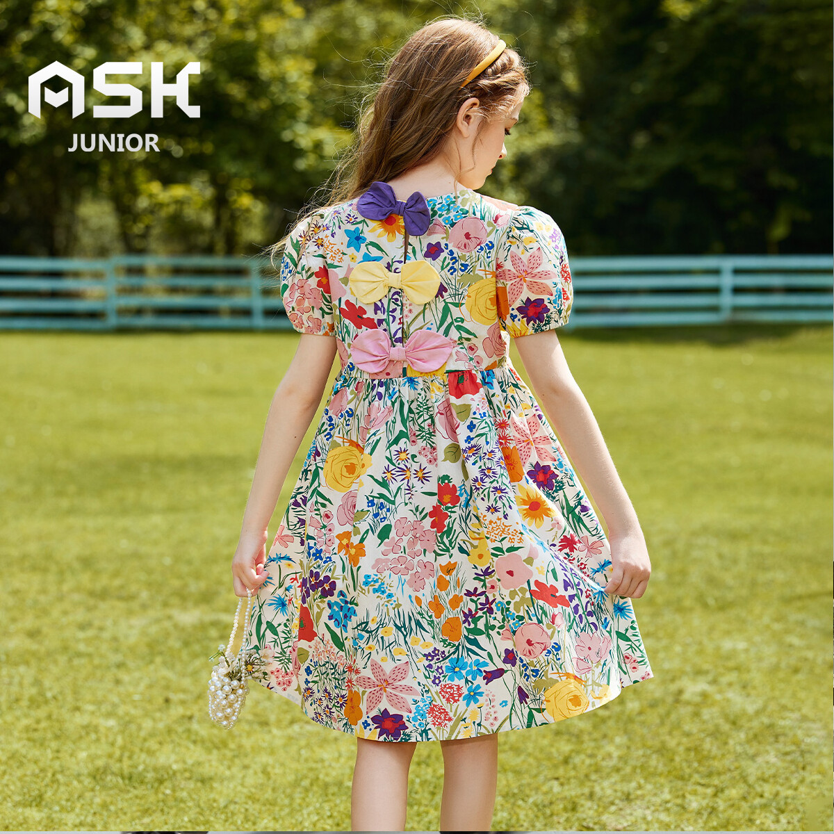 Ask junior girl's thin dress full of printed grass pattern princess dress