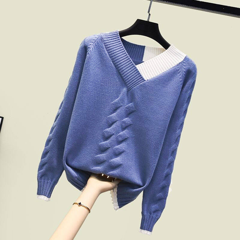 New Spring and Autumn Sweater Women's Undercoat Korean V-neck Sweater Loose Knitted Sweater Women's Top