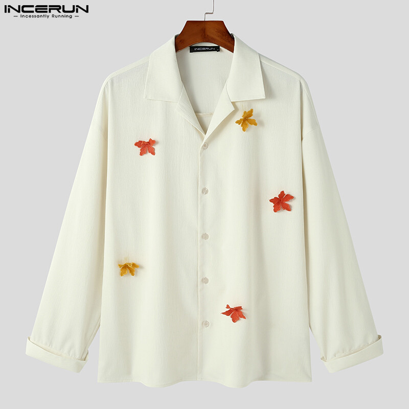 Incerun mens long sleeve cuban collar stylish 3d-flower design niche shirt