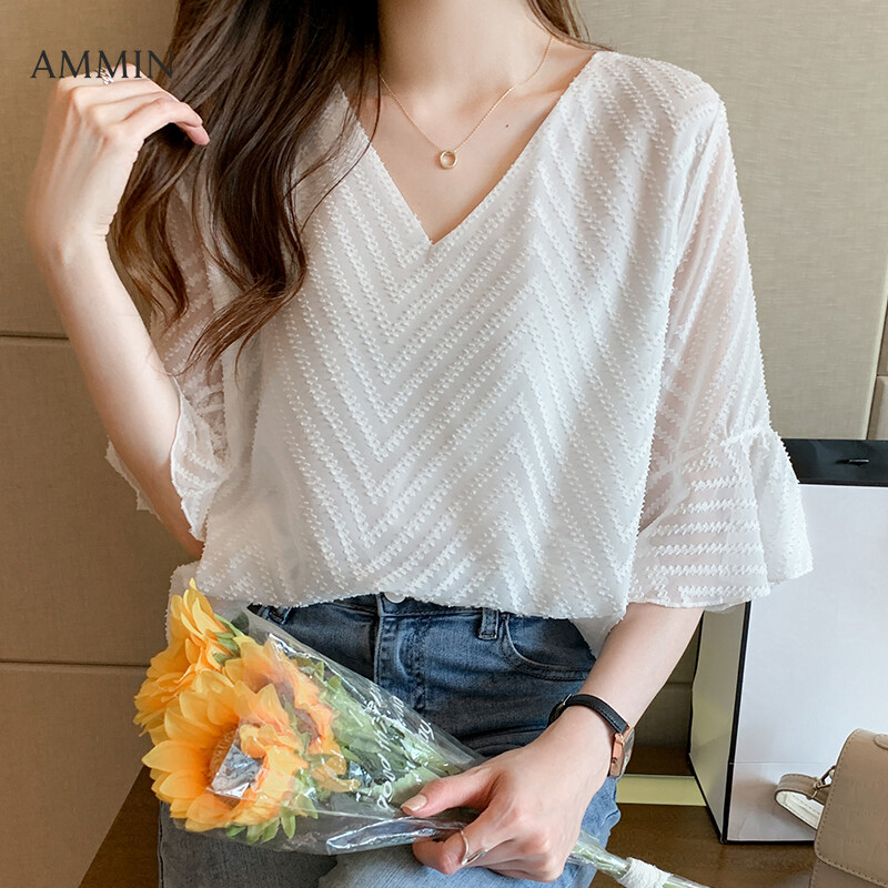 AMMIN new style flare sleeves V-neck striped crochet chiffon shirt women's summer 2021 European and American style loose large size short sleeve elegant temperament all-match blouse female tops