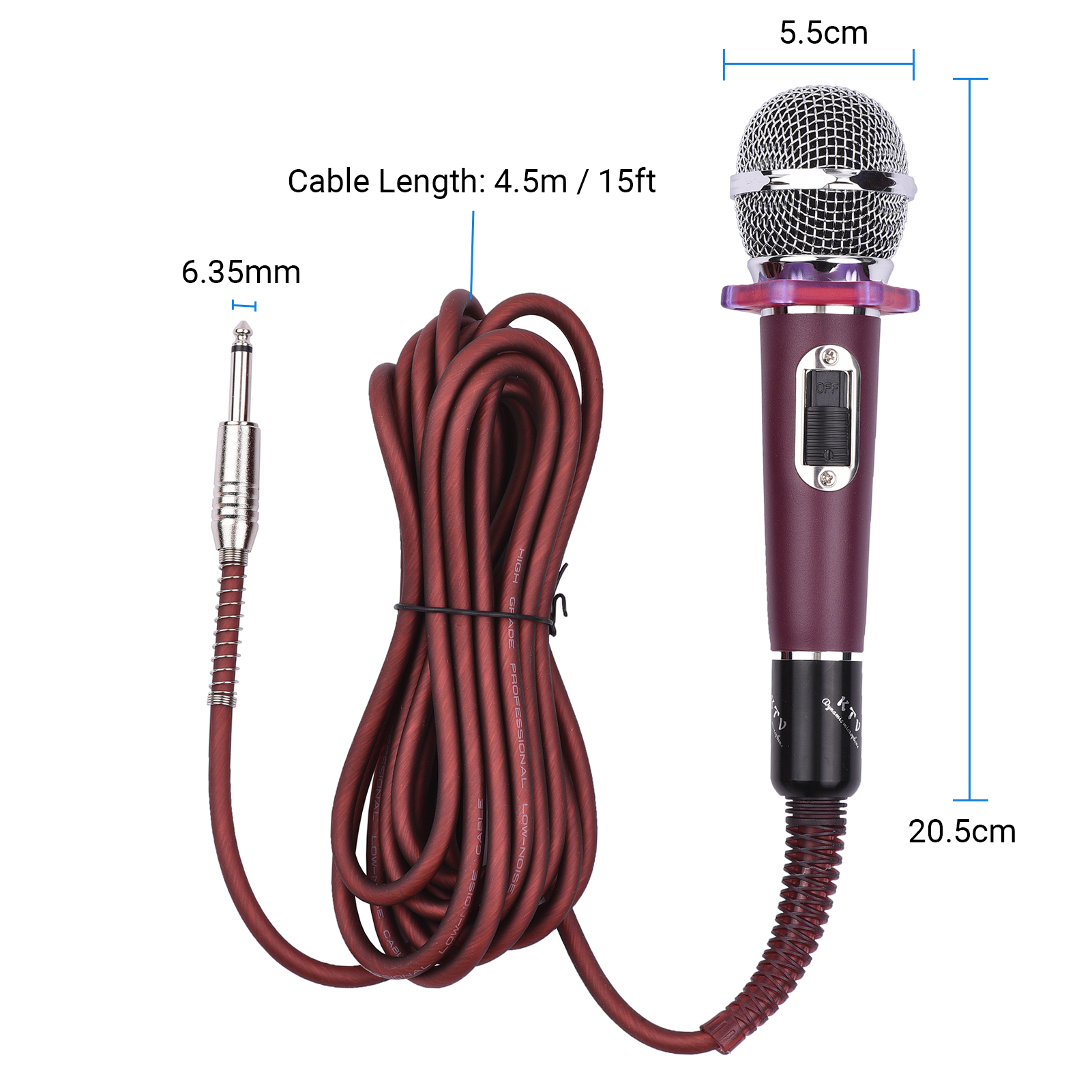 Dynamic Handheld Cardioid Condenser Microphone Wired Mic 4.5m/15ft Cable 6.35mm Plug for Music Singing Karaoke Stage Live Performance