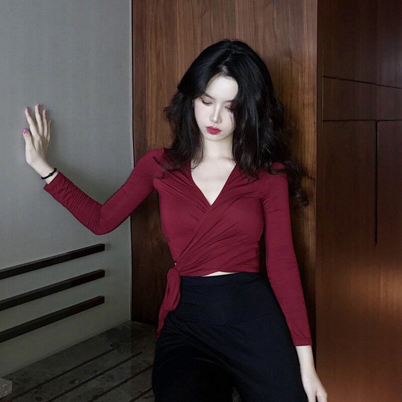 Kaus Crop Lengan Panjang Wanita Atasan Crop Kerah V Seksi Ramping Modis Warna Polos Lazada Indonesia