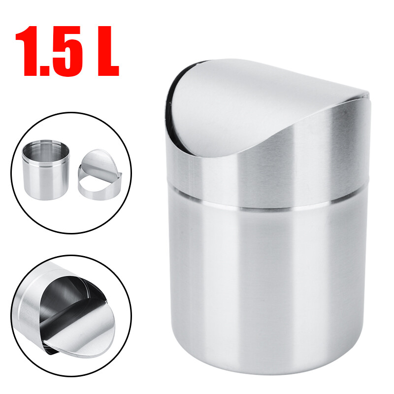 BOKALI 1.5 L Mini Metal Desk Trash Bin Countertop Waste Can With Swing Lid New