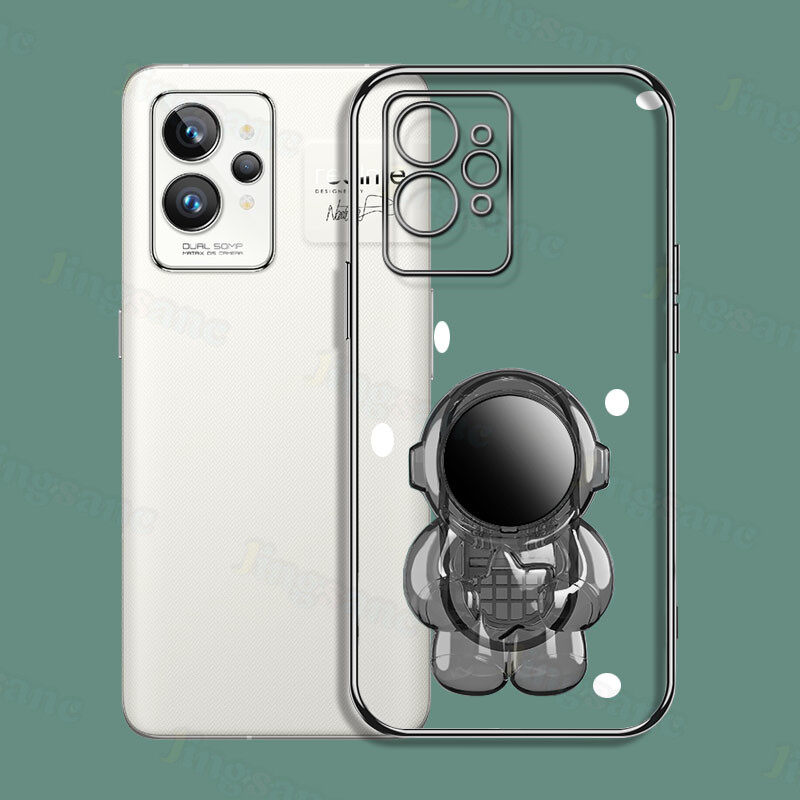 Jingsanc Transparent Casing For Realme GT 2 Pro Phone Case With Astronaut Holder Plating Edge Casing Soft Silicone Stand Clear Back Cover