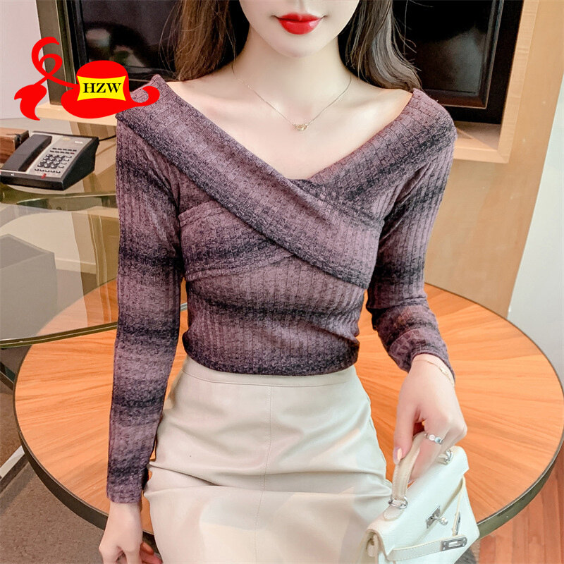 HZW Autumn Korean cross-top slim-fitting off-the-shoulder long-sleeved bottomed knitted sweater