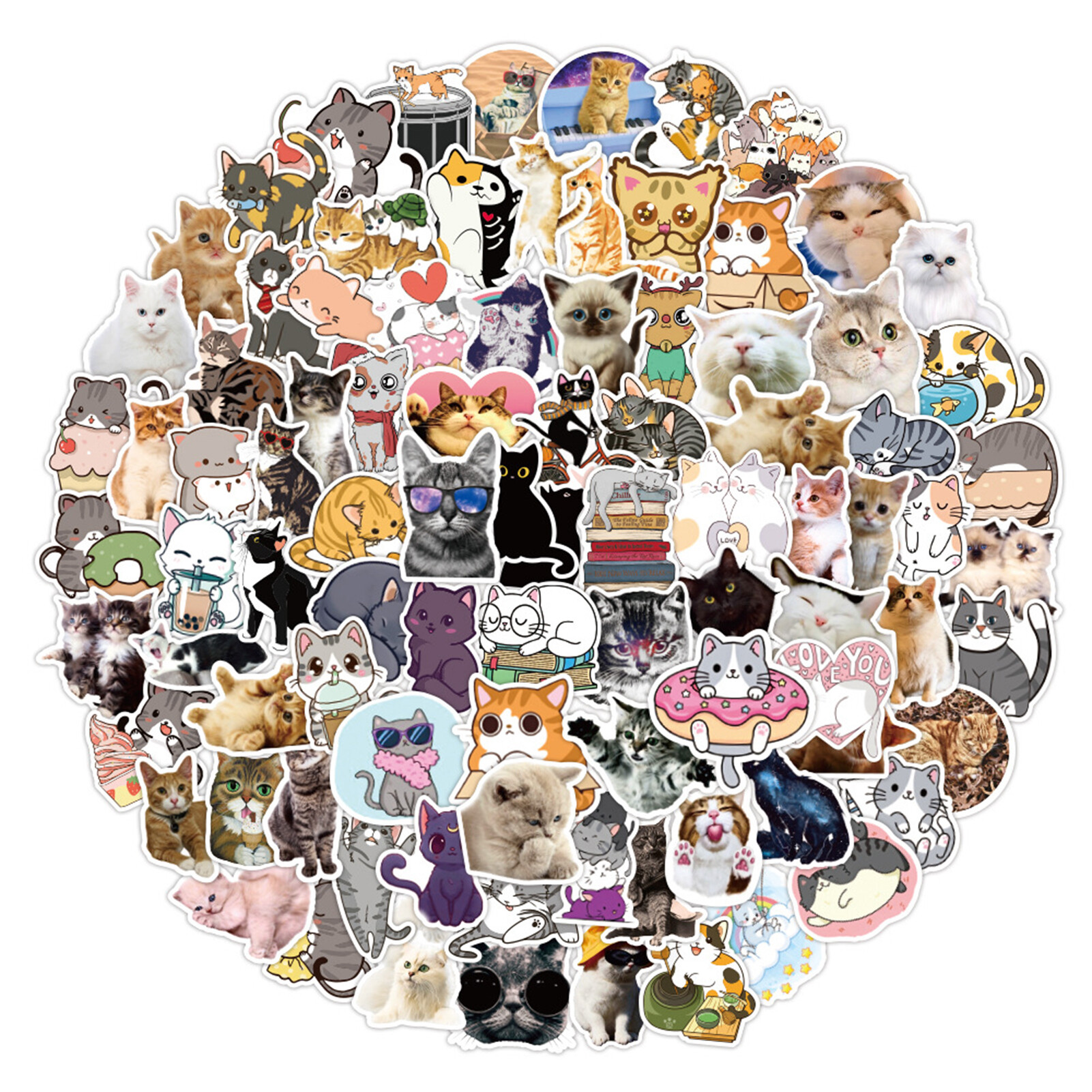Norkee 100Pcs/Bag Cat Sticker Cute Various Patterns Self-adhesive Removable Waterproof Decorative PVC Laptop Skateboard Doodle Sticker for Kids Doodle Sticker Removable