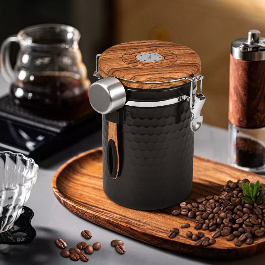 Airtight Coffee Canister With Vacuum Lid (Coffee Tea Container, Stainless Steel Storage Tin, Storage Jar Matte Black (1800ml))
