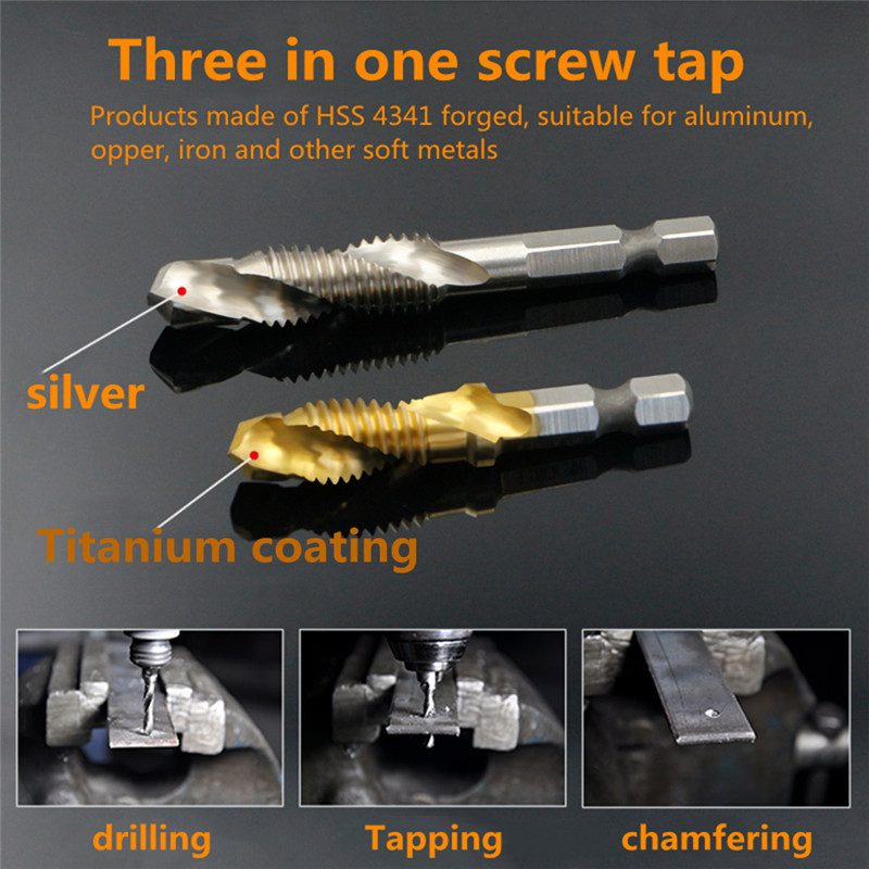 6Pcs M3-M10 Hex Shank Titanium Plated HSS Screw Thread Metric Tap Drill Bits Set Screw Machine Compound Thread Hand Tools with Box