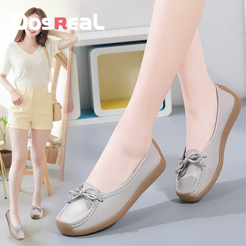 DOSREAL Leather Flat Shoes For Women Big Size 35-41 Slip On Loafers Korean White Shoes Ballet Ladies Nurse Shoes Fashion Women Shoes