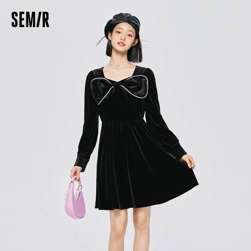Semir Dress Women Velvet Puff Sleeves Little Black Dress Elegant 2024 Autumn New Bow Dresses Style
