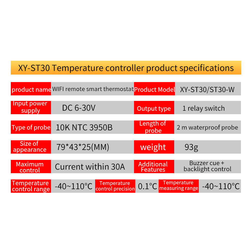 Shockley DC6-30V Temperature Controller ST30 Wifi Remote Digital Thermostat Temperature Control with Waterproof NTC Sensors