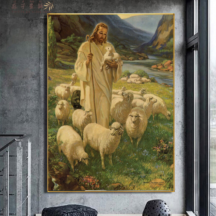 Modern Canvas Painting Jesus Christ God with Lamb Vintage Minimalist Art Poster and Print Wall Art Picture for Living Room Decor