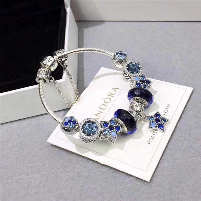 Pandora100% Original Bracelet 925 Sterling Silver Bracelet Marine Star Blue Opal Star Moon and Bead Snake Bone Bracelet Female