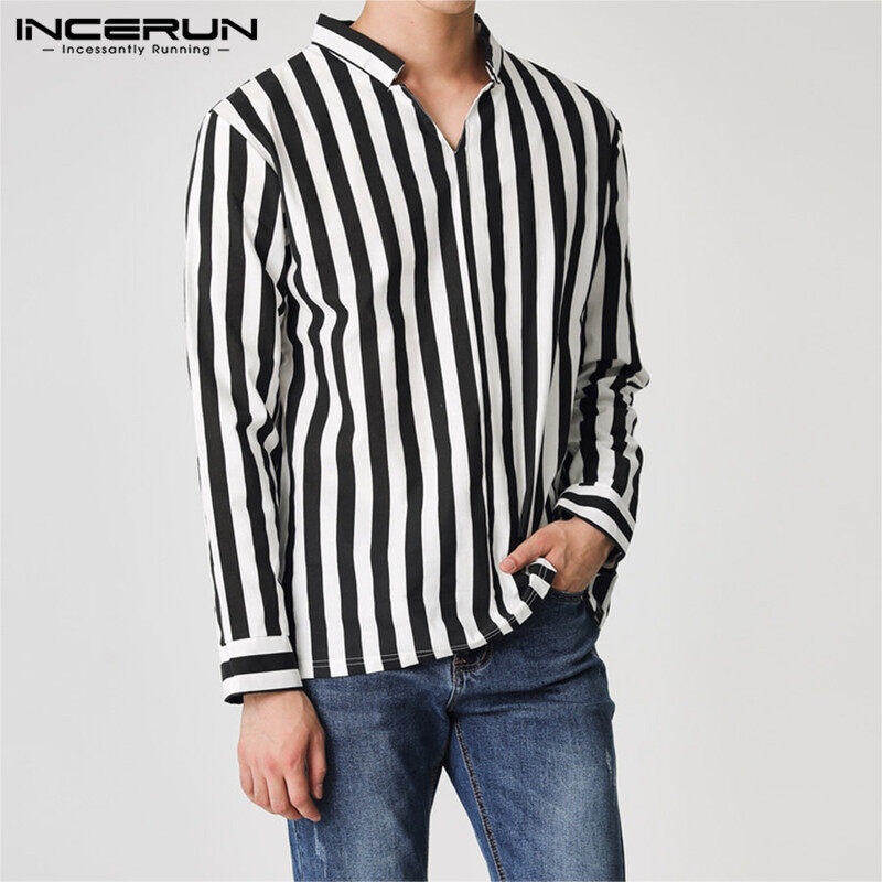 （Korea style）INCERUN Striped  Men's Fashion Long Sleeve V-Neck Tops Formal Work Blouse Casual Shirts