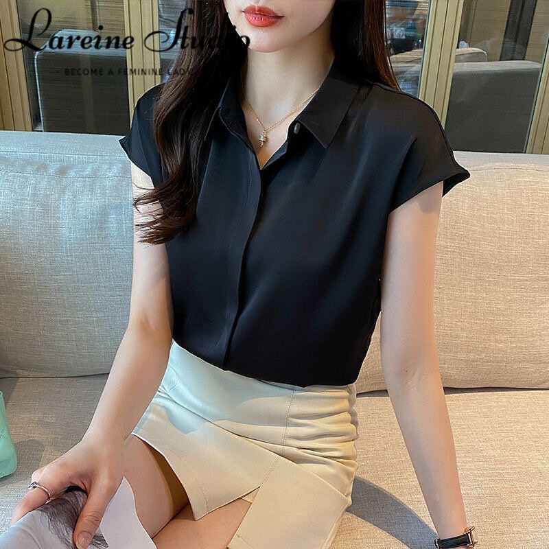 Lareine 2024 Phụ Nữ Của Áo Sơ Mi Ngắn Tay Cho Mùa Hè Phong Cách sang trọng Hàn Quốc Màu Trơn Áo công sở Cho Phụ Nữ